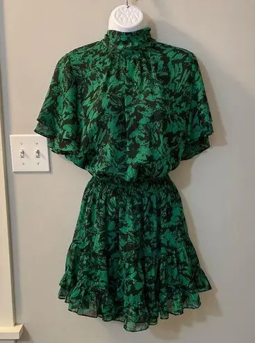 MISA Los Angeles Saffie chiffon mini dress in shimmering emerald abstract small