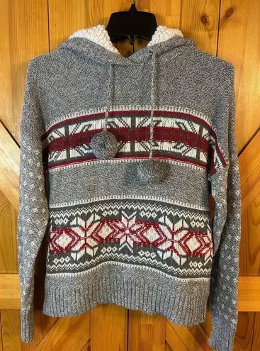 Yes Lola Hooded Cropped Knit Sweater Gray Lined Hood Pom Poms Size Large (5365)