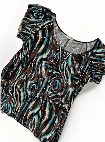 Brittany Black Women Top Size XL Glam Sparkle Blue Brown Holiday Mature Party