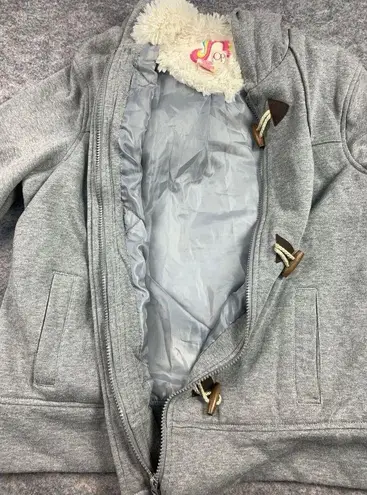 OP XL Hooded Sweatshirt Jacket Faux Fur Gray Full Zip Hooks Womens Long Sleeve