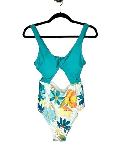 Cupshe Floral Print Twisted Cutout One Piece in Turquoise Size Medium