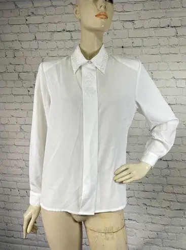Vintage 90s Yves St Clair Petite Beaded White Blouse Top Button Up 10P 10/M