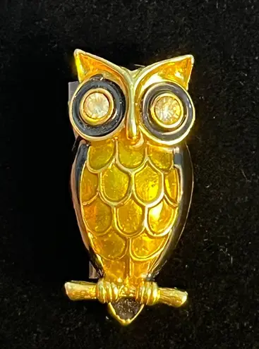 Vintage Owl Brooch Black & Gold Clear Rhinestone Eyes Whimsigoth Witchy