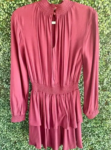 Bobi NWT- Black Long Sleeved Dress in Wine | Tiered | Smocked Stretch Waist