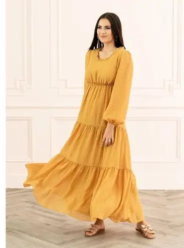 Rachel Parcell Mustard Yellow Ruffled Tiered Long Sleeve Maxi Dress Textured