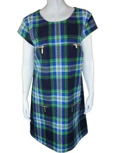 Julie Brown Womens Size 8 Green Plaid Wool Blend Short Sleeve Midi Dress Pockets