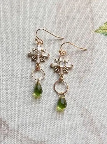 Czech Glass Cross Shape Forest Green Olive Boho Mini Hoop Dangle Casual Earrings