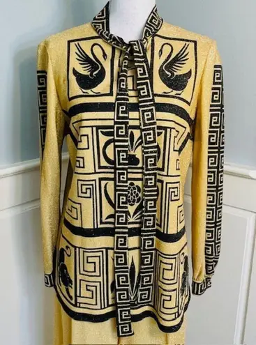 60s 70s Gold Lurex Art Deco Metallic Top + Wide Leg Bellbottoms Palazzo Pants Size M