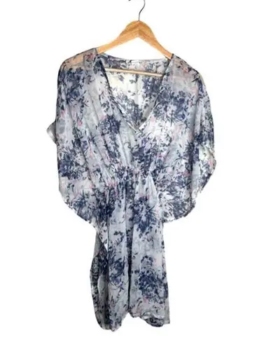 Floral Cover Up One Size Sheer White Blue Purple Knee Length V Neck Lightweight