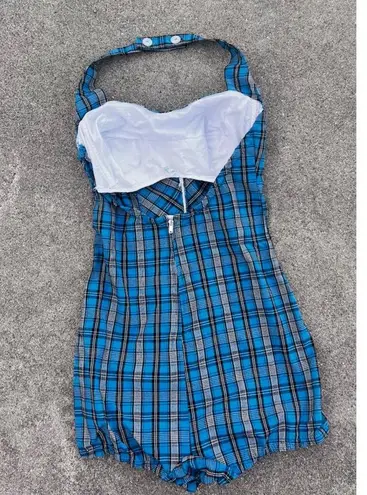 Vintage 60s Blue Plaid One Piece Halter Romper Pinup Rockabilly Women's XXS USA