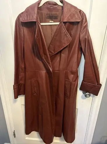 Vintage 100% Leather Red Belted Trench Coat Size 11/12 70s Burgundy