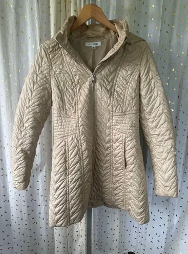 via spiga Zig Zag Quilted Detachable Hood Mid Length Jacket Side Pockets S