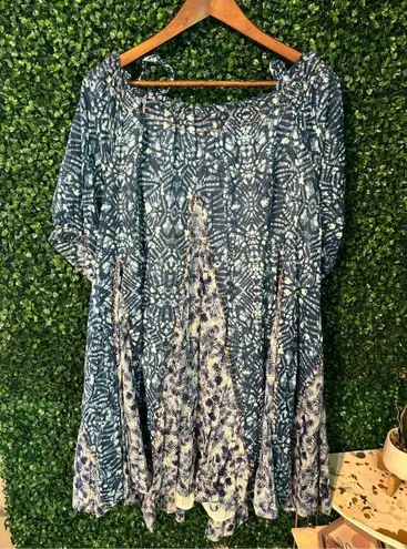 Free People  JET SET MINI DRESS MIXED PRINTED TUNIC Oversized DRESS Blue sz small