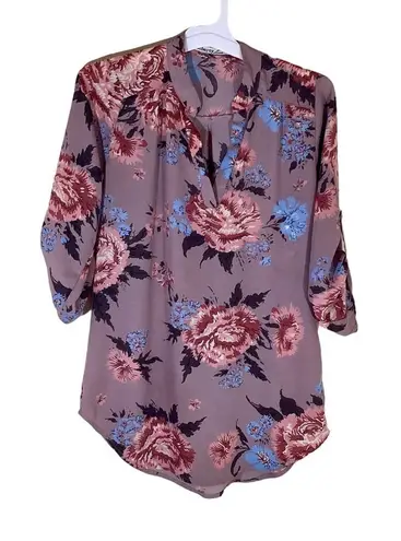 Liberty Love Liberty Love Tunic Top Womens Small Dusty Rose Roll Tab Sleeve Floral Relaxed