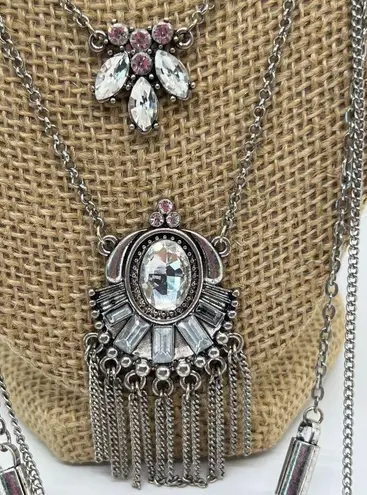 Multi Layer Silver Tone Necklace Clear Crystal Accents Lobster Clasp Adjustable