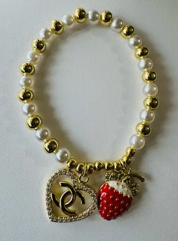 Gold and White Pearl Bracelet with Heart and Strawberry Charms Adjustable