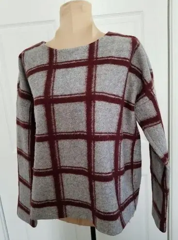 Madewell   Windowpane Wool Blend Fleece Boxy Crop Sweater Top Gray Burgundy Sz XS