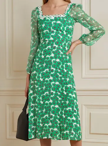HVN Matilda Appliqued Floral Print Voile Silk Chiffon Midi Dress Green Size 6