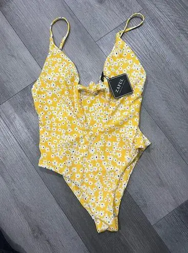 Zaful NWT -  Yellow One Piece FLORAL Swimsuit V-Neck OPEN FRONT SIZE 6