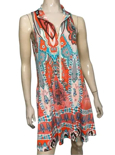 Julian Chang Women’s Size M Orange Paisley Half Zip Sleeveless Swing Dress Size M