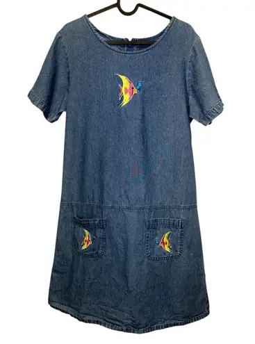 Vintage Denim Dress with Fish Embroidery, Pockets, Short Sleeve, Casual, Cute Blue Size M