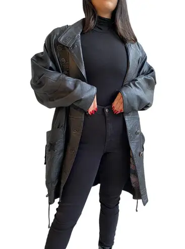 Vintage Longline Leather Jacket/Coat In Black Pirate Grunge Unisex Style Size L