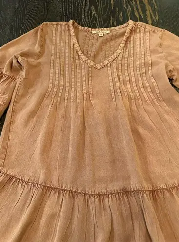 Solitaire Women's Boho A-Line Dress Tan/Pink Long Sleeve V-Neck Size S