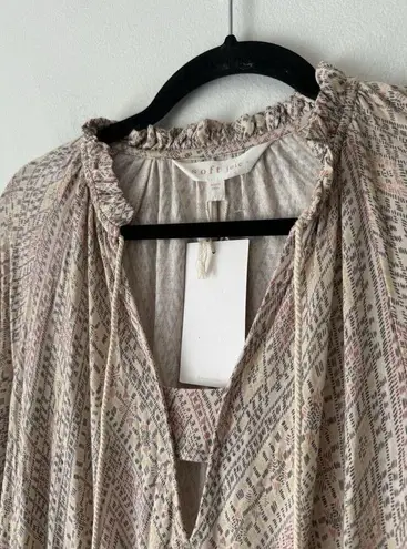 NWT Soft Joie Suki Long Sleeve Geo Print Smocked Waist Pullover Mini Dress Large Tan