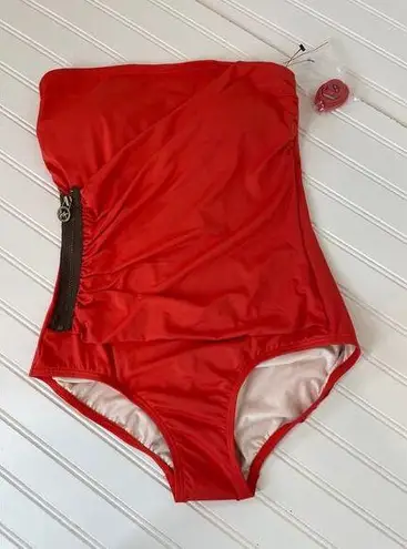 Michael Kors NWOT  One Piece Bathing Suit Red Strapless Ruched Side Zip Size S