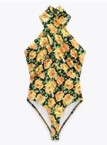 ZARA  Twist Neck Floral Halter Top Bodysuit Small Yellow Green Floral Sz M