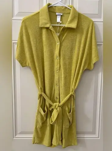 ANDIE NWT The Button Up Romper Size S Yellow Green Terrycloth Short Sleeves