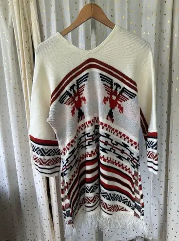 Vintage 70s Unbranded Thunderbird Peruvian Fringe Poncho Tunic Sweater One Size Size undefined
