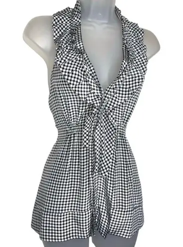 BCBGMAXAZRIA BCBG Sleeveless Halter V-Neck Ruffle Gingham Checkered Silk Top Black & White XS