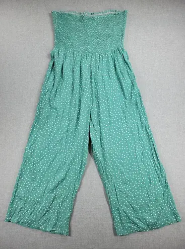 Angashion Womens Jumpsuit Large Green Polka Ruffles Strapless Smocked Wide Leg