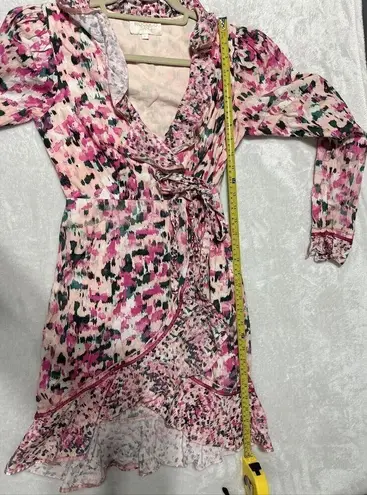 Rococo Sand Mimi Ruffle Trim Long Puff Sleeve Mini Wrap Dress Pink size Small