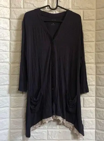 LOGO navy Blue lace trim tunic cardigan top Button Up Asymmetrical Women’s M Size M