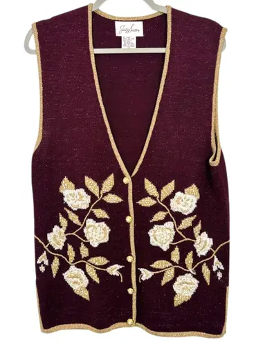 Jaclyn Smith Vintage Burgundy Metallic Floral Button Vest Size Medium Festive