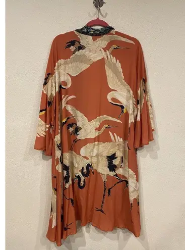 Aratta Silent Journey Kimono Cardigan Womens One Size Orange Crane Floral Trim Pink