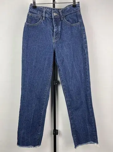 Brandy Melville John Galt Medium Blue Wash Button Fly Straight Leg Raw Hem Jeans Size S