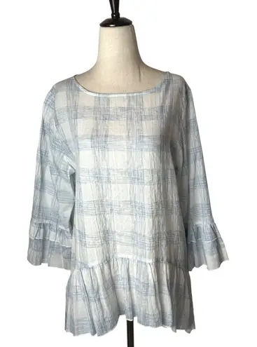 Kay Celine Kay Celine Shirt Women Large Blue White Plaid Bell Sleeve Peplum Top Bohemian