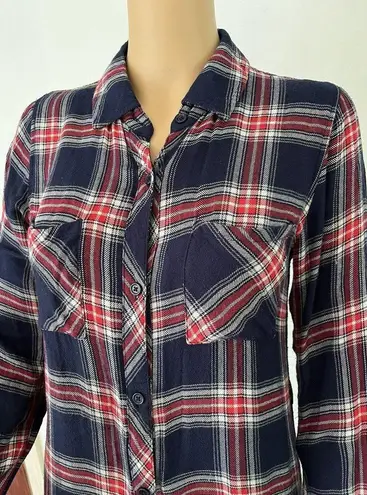 Rails Navy Blue & Red Plaid Flannel Button Front Long Sleeve Shirt Dress Size XS