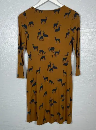 Boden USA Boden Women 8 Tan Brown Oh Deer Print Dress Fit & Flare Jersey 3/4 Sleeve