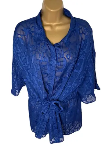 Marc New York Andrew Marc Sheer Blouse Tie Front Collared Floral Blue XL