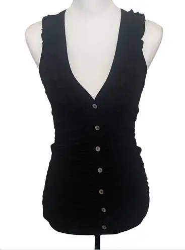 Timing NEW  Black Slim Fitted Soft Ruffle V-Neck Henley Sleeveless Top Small