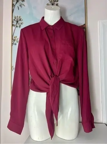 Timing  Inc Burgundy Wine Red Woven Tie Waist Blouse Size Large Chest Pocket