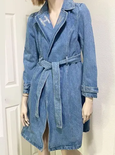 MY WAY HER WAY Denim Jean Wrap Belted Long Trench Jacket Outer Wear Size S NWOT Blue