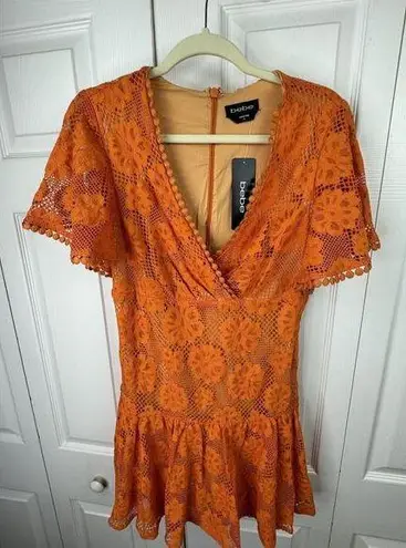 Bebe NWT  Embroidered Flutter Fit and Flare Dress - Orange Mini Dress Size Medium