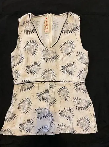 $490 Marni 40 4 Sleeveless Crepe Tank Top Shirt Blouse Peplum V Neck Leaves Tan