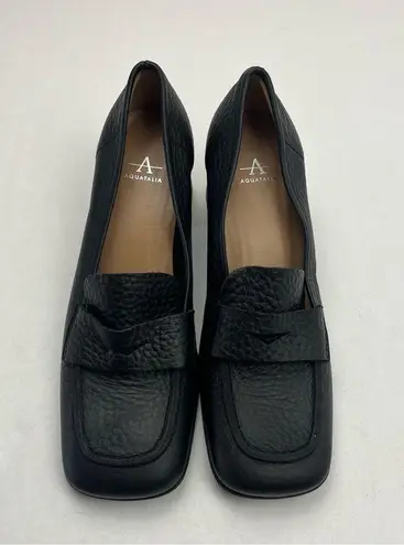 Aquatalia Carlina Block Heel Penny Loafer Square Toe Leather Black Size 9.5M 9.5