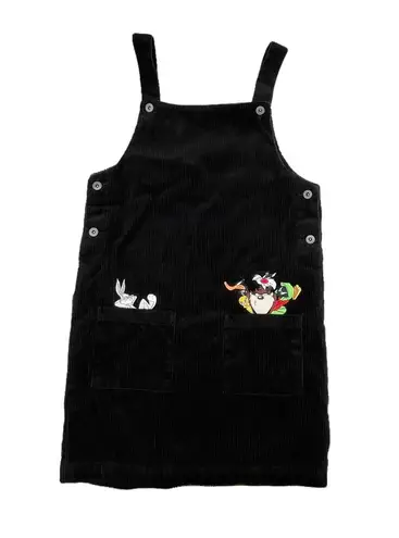 Warner Brothers Vintage 90s Y2K Looney Tunes Black Corduroy Overall Mini Dress